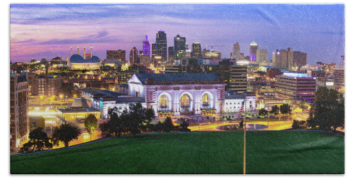 America Hand Towel featuring the photograph Downtown Kansas City Skyline Panoramic at Dusk by Gregory Ballos