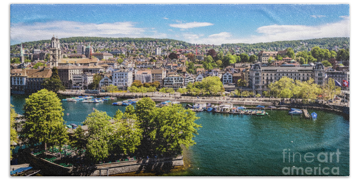 Zurich Bath Towel featuring the photograph Downtown Zurich, along the Limmat, Switzerland by Lyl Dil Creations