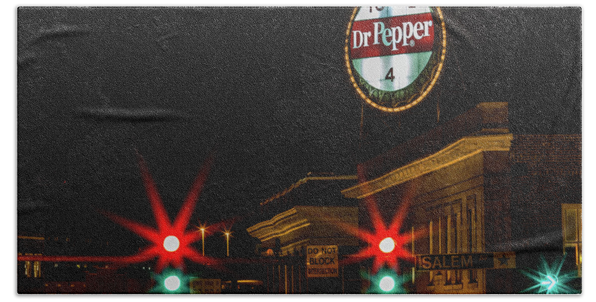  Dr Pepper Sign Neon Sign Bath Towel featuring the photograph Dr Pepper Neon Sign Roanoke, Virginia. by Julieta Belmont