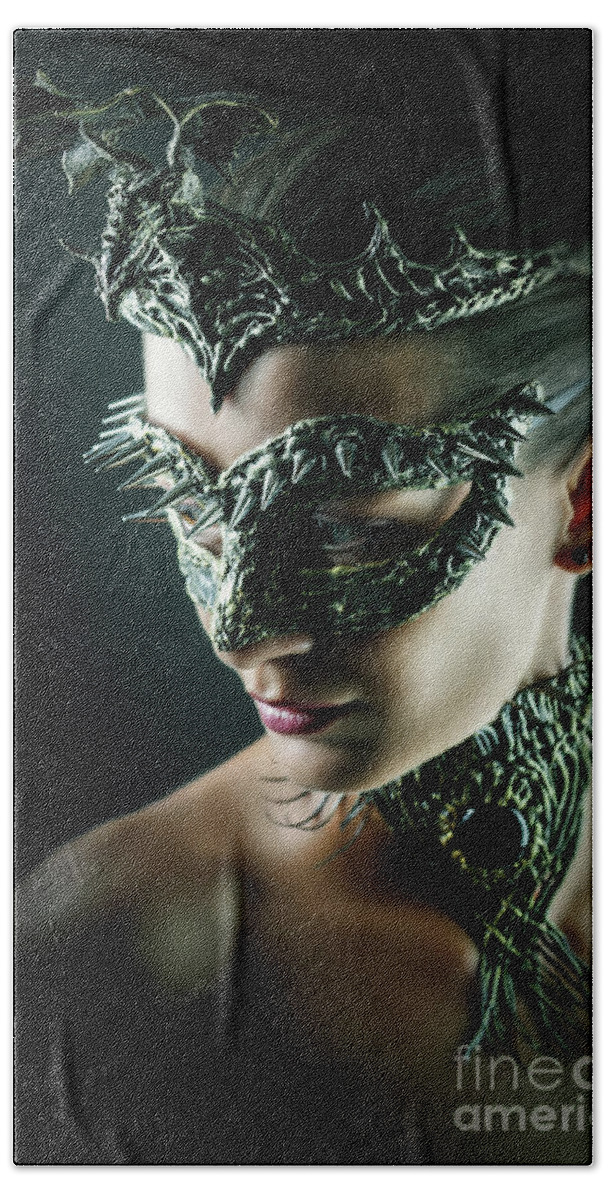 Amazing Mask Bath Towel featuring the photograph Dragon Queen Vintage eye mask by Dimitar Hristov