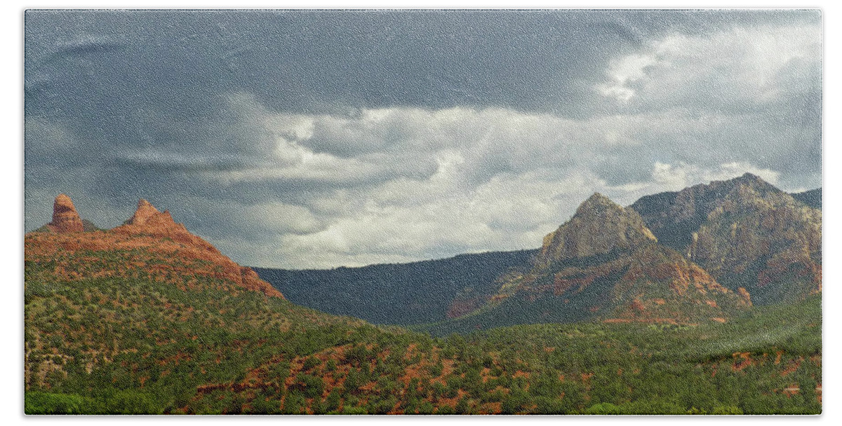 Sedona Bath Towel featuring the photograph Dramatic sky over Sedona AZ Arizona by Toby McGuire
