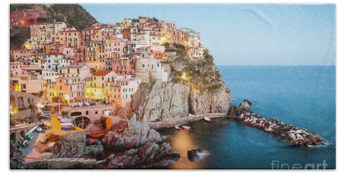 Cinque Terre Hand Towel featuring the photograph Dusk in Manarola, Cinque Terre, Liguria, Italy by Matteo Colombo