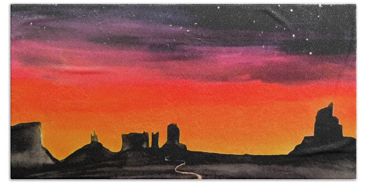 Monument Valley Hand Towel featuring the painting dusk in Monument Valley by Shelley Myers