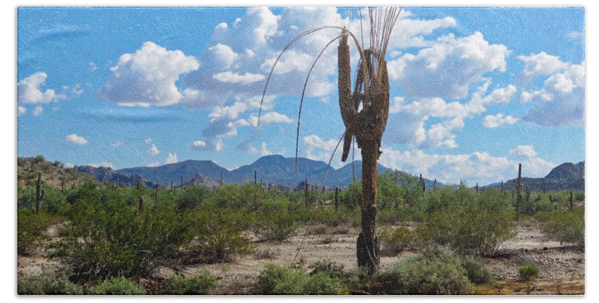 Arizona Bath Towel featuring the photograph Dying Saguaro in the Desert by Judy Kennedy