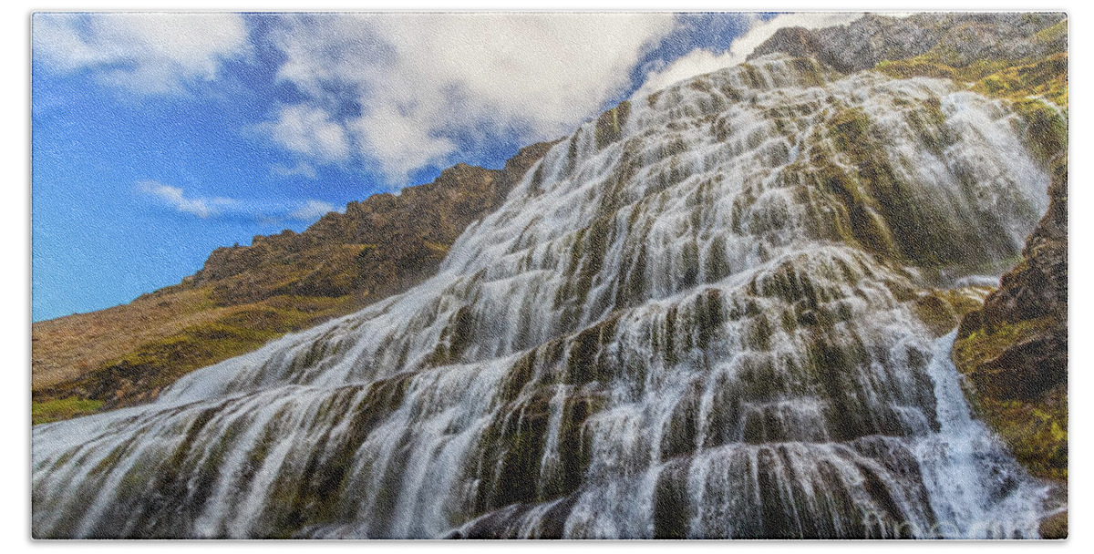 Waterfall Bath Towel featuring the photograph Dynjandi waterfall, Iceland by Lyl Dil Creations
