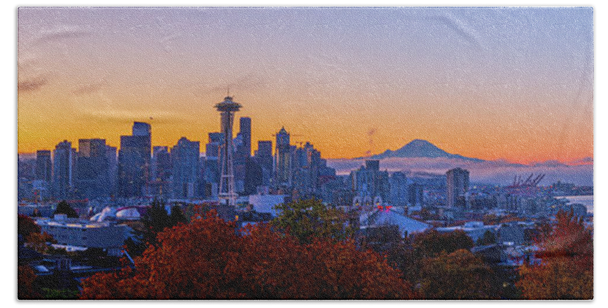 Outdoor; Sunrise; Space Needle; Elliot Bay; Port Seattle; Fall; Color; Maples; Mt Rainier; Downtown; Seattle; Washington Beauty; Pnw; Pacific North West Hand Towel featuring the digital art Early Morning Seattle by Michael Lee