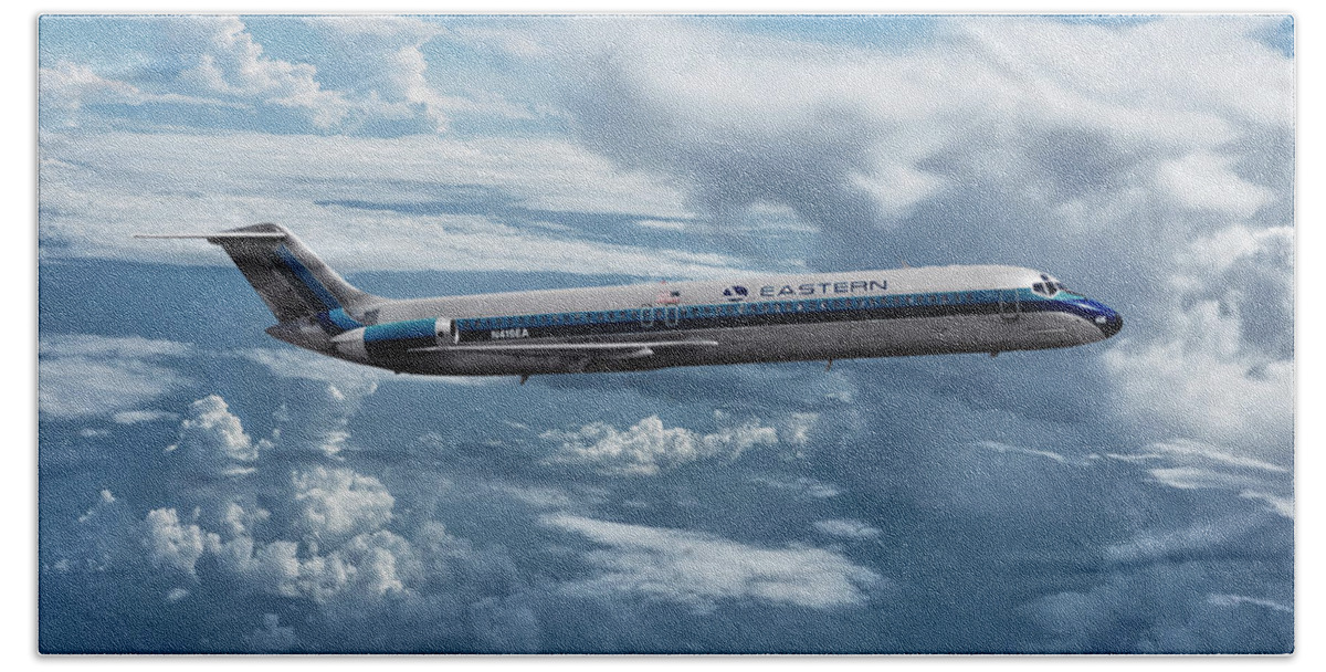 Eastern Airlines Bath Towel featuring the mixed media Eastern Airlines DC-9 Among the Clouds by Erik Simonsen