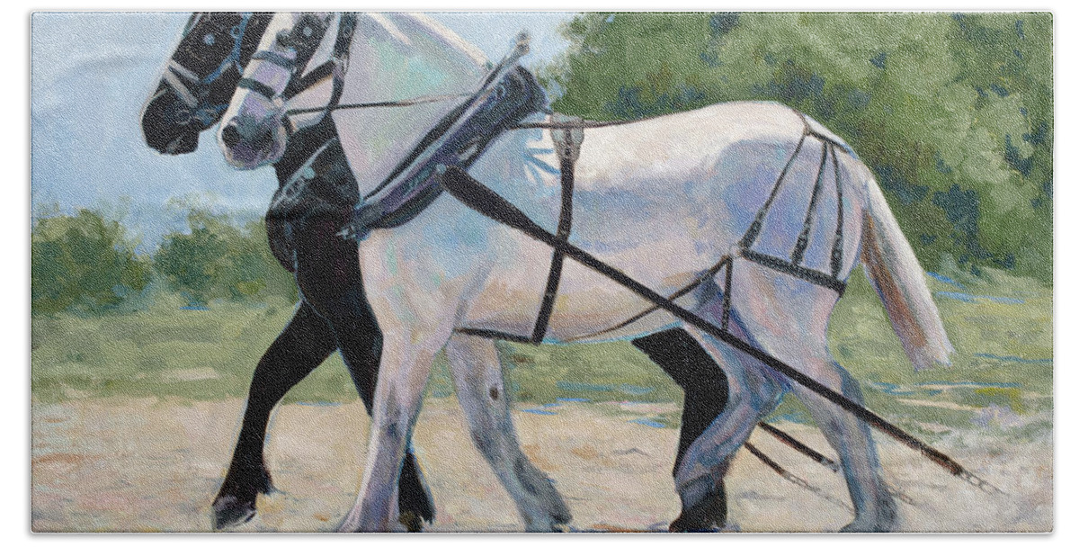 Draft Horses Hand Towel featuring the painting Ebony and Ivory by Billie Colson