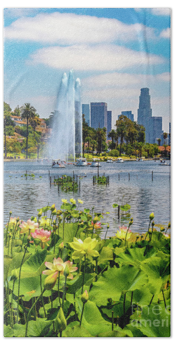 California Bath Towel featuring the photograph Echo Park Lake with Lotus and Fountains by Roslyn Wilkins