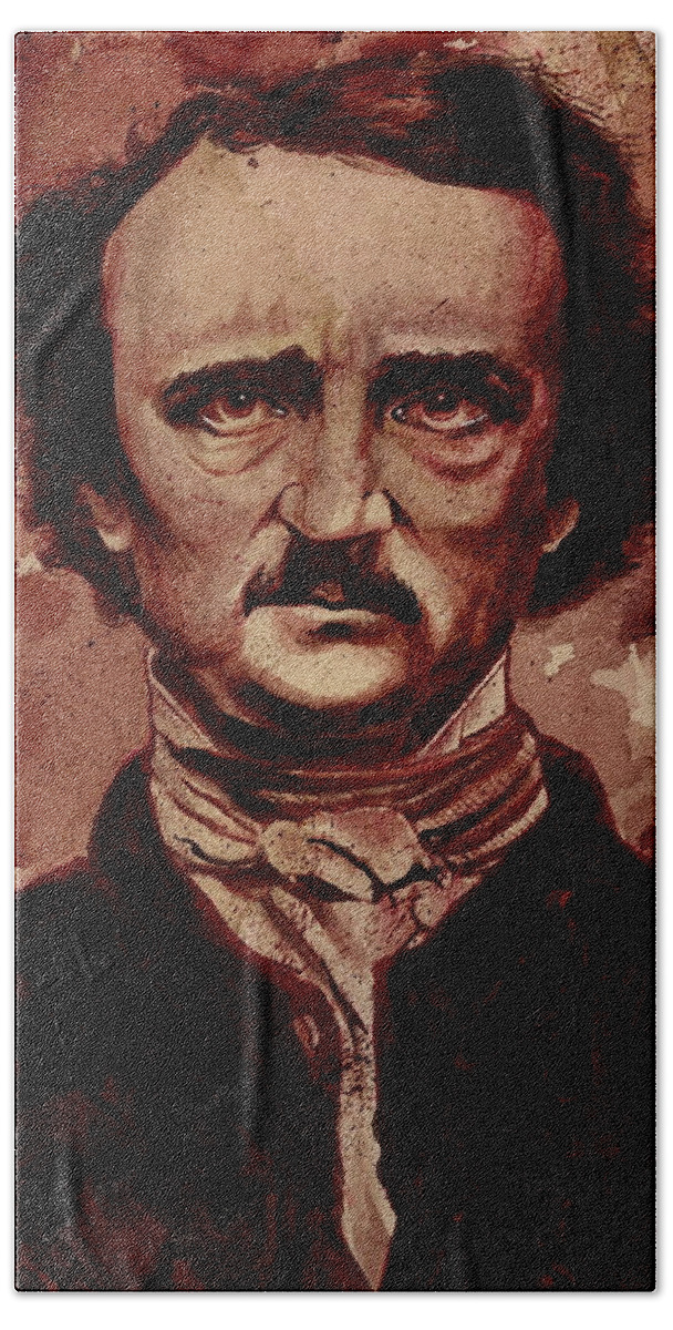 Ryanalmighty Bath Towel featuring the painting EDGAR ALLAN POE dry blood by Ryan Almighty