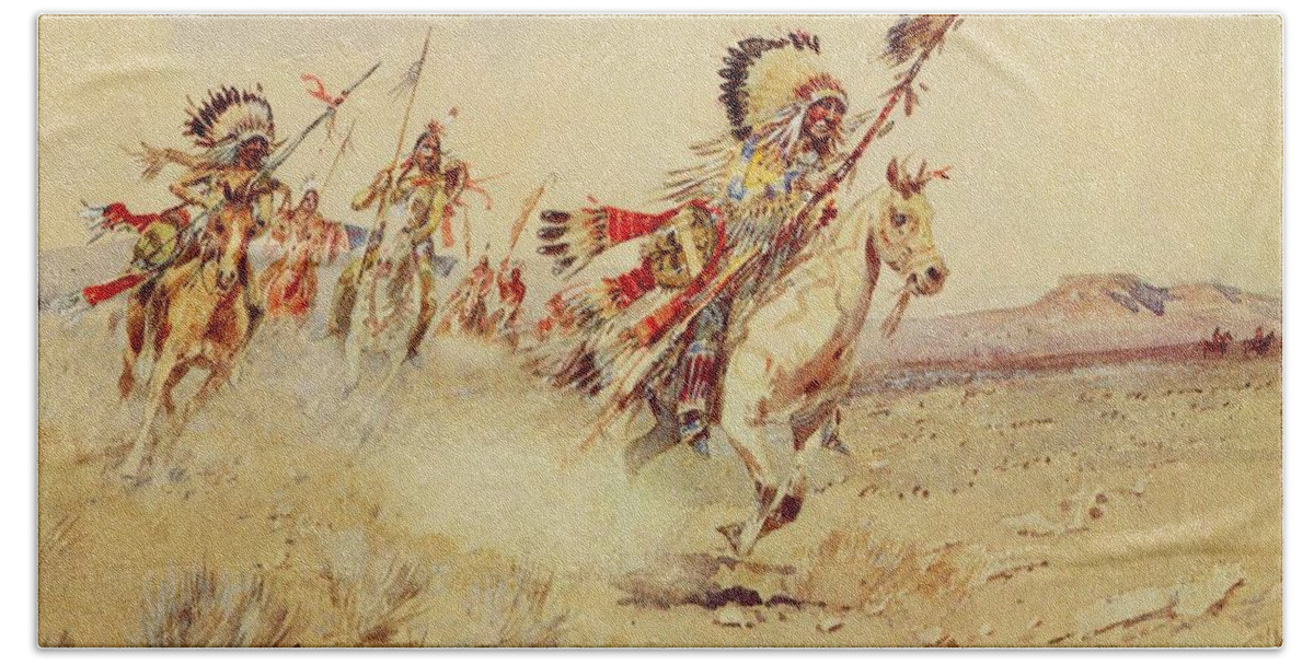 Warrior Bath Towel featuring the painting Edward Borein 1872 - 1945 Indian Warriors by Celestial Images