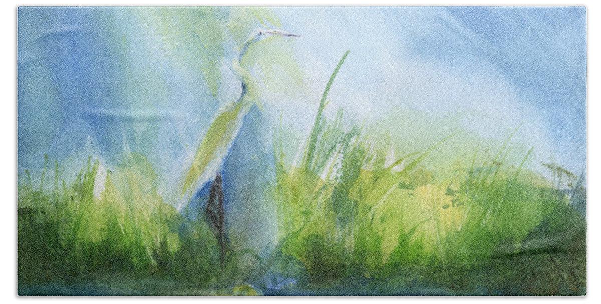 Egret In Sunlight Hand Towel featuring the painting Egret In Sunlight by Frank Bright