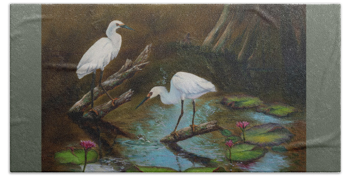 Egrets Hand Towel featuring the painting Two Egrets--Missed Again by Lynne Pittard