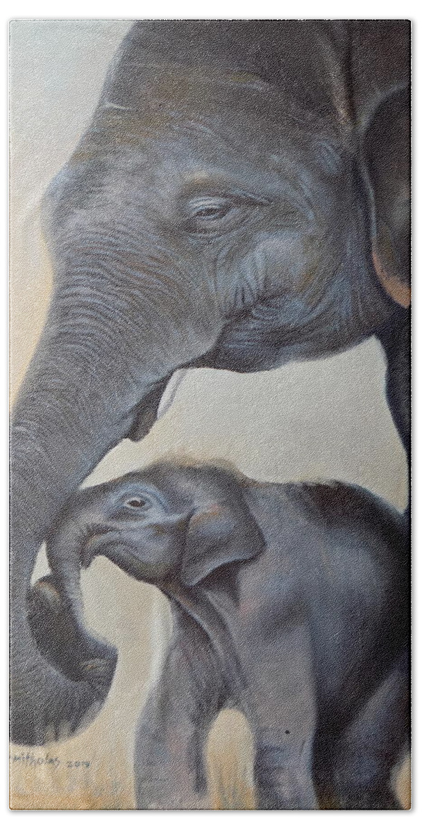 Living Room Hand Towel featuring the painting Elephant and Calf by Olaoluwa Smith
