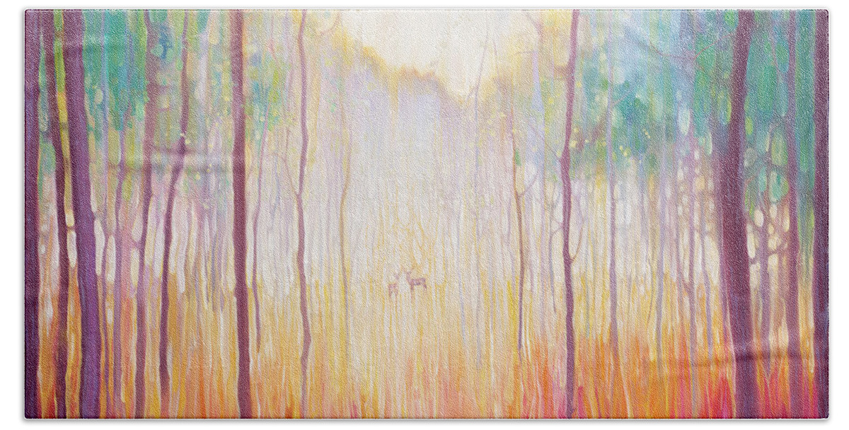 Elusive Hand Towel featuring the painting Elusive-2 - a large original oil on canvas of an autumn forest clearing with deer by Gill Bustamante