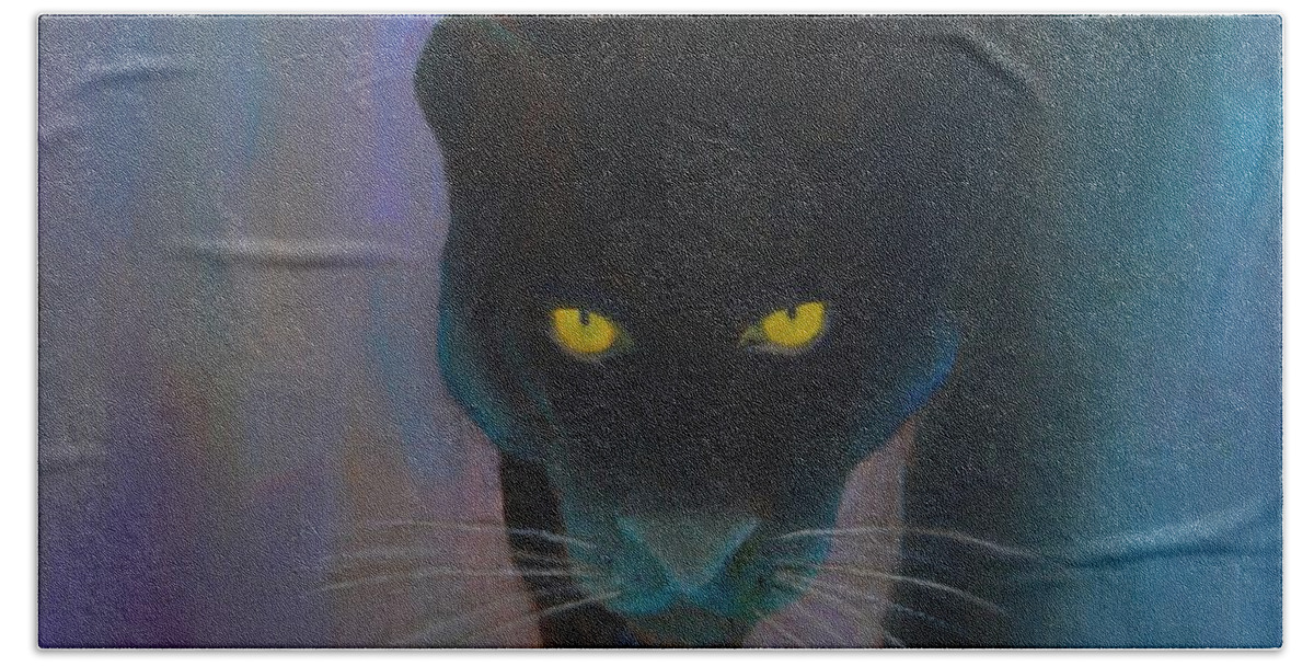Black Panther Hand Towel featuring the painting Elusive Panther by Nataya Crow