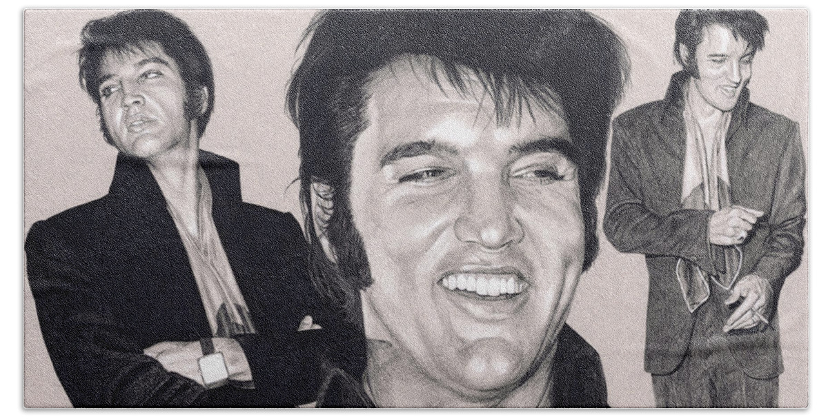 Elvis Bath Towel featuring the drawing Elvis in Charcoal #191 by Rob De Vries