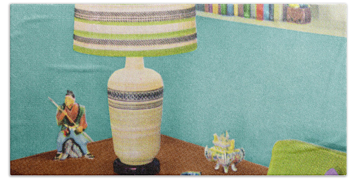 Bookcase Hand Towel featuring the drawing End Table and Lamp by CSA Images
