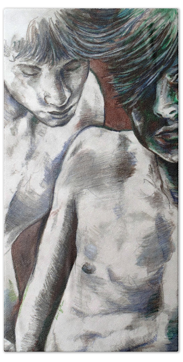 Boys Bath Towel featuring the painting Entanged Boys by Rene Capone