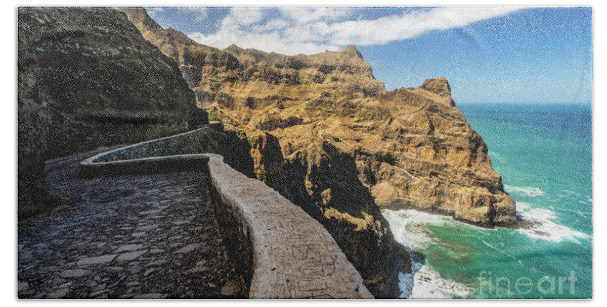 Cliff Bath Towel featuring the photograph Scenic route to Fontainhas, Santo Antao, Cape Verde by Lyl Dil Creations