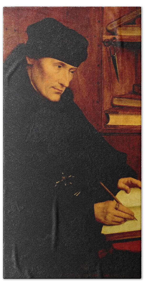 Desiderius Erasmus Bath Towel featuring the painting 'Erasmus of Rotterdam', 16th, Oil on canvas. QUENTIN MATSYS . by Quentin Massys -c 1466-1530-