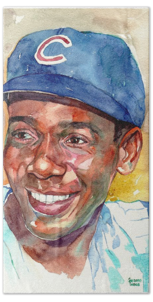 Ernest Banks Hand Towel featuring the painting Ernie Banks Portrait by Suzann Sines