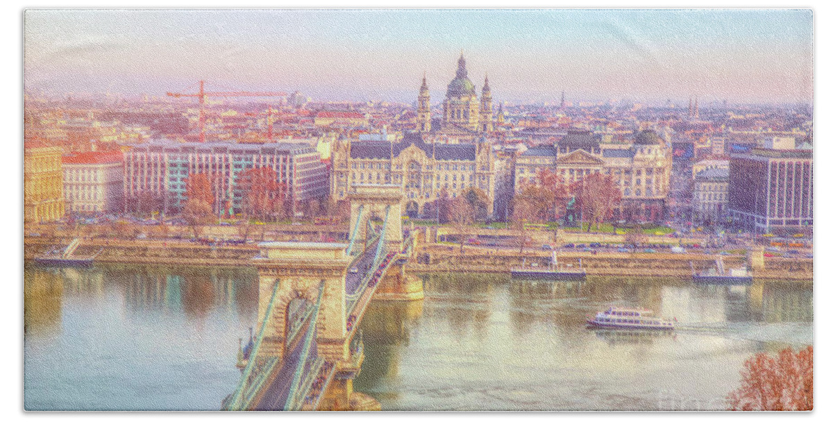 Budapest Bath Towel featuring the photograph Ethereal Panorama of Budapest Chain Bridge by Stefano Senise