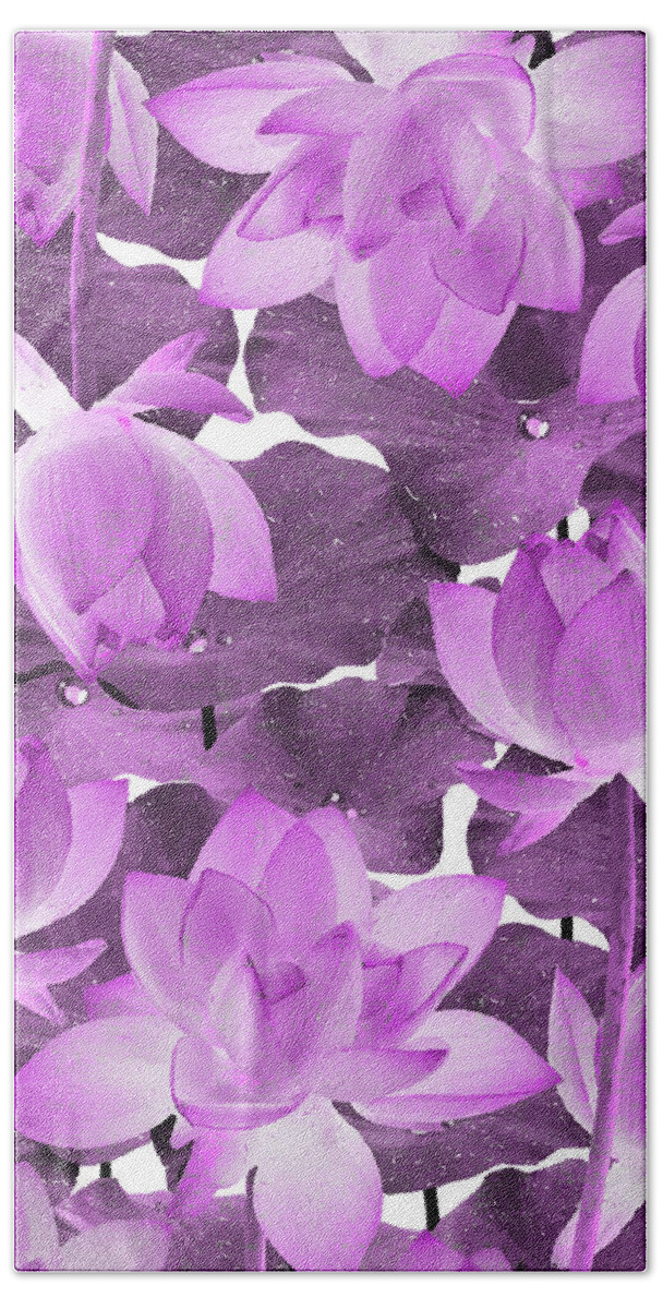 Lotus Hand Towel featuring the mixed media Ethereal Purple Lotus Flower - Tropical, Botanical Art - Purple Water Lily - Lotus Pattern - Violet by Studio Grafiikka