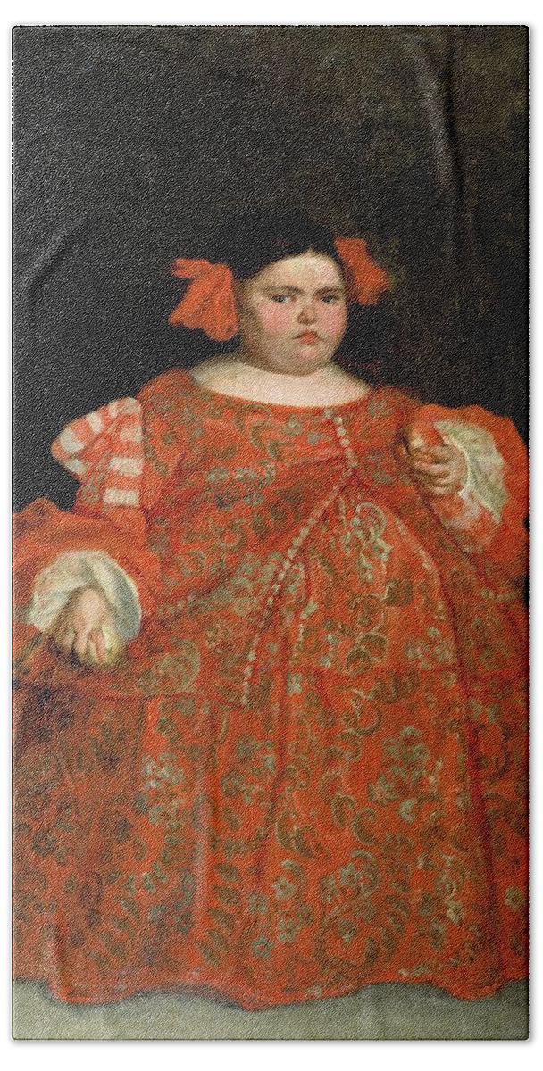 Oil On Canvas Bath Towel featuring the painting 'Eugenia Martinez Vallejo, The Monster, dressed.', ca. 1680, Spanish S... by Juan Carreno de Miranda -1614-1685-