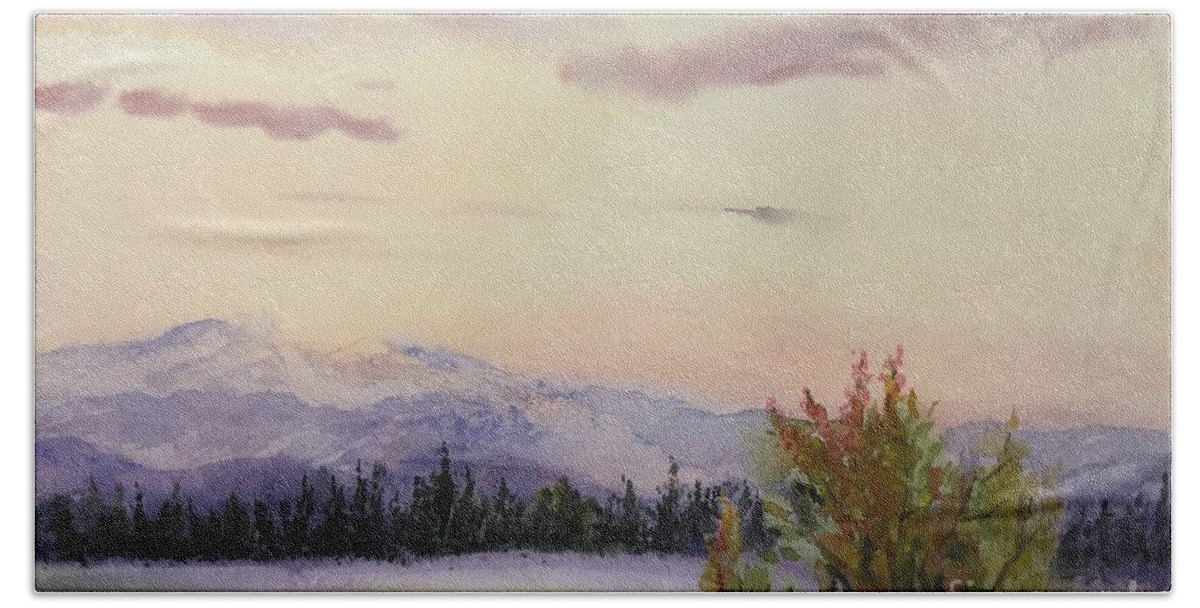 Watercolor Painting Bath Towel featuring the painting Evening in the Mountains by Watercolor Meditations