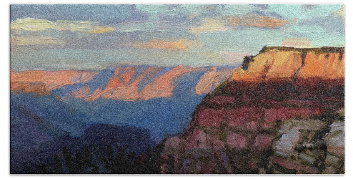 Southwest Bath Towel featuring the painting Evening Light at the Grand Canyon by Steve Henderson