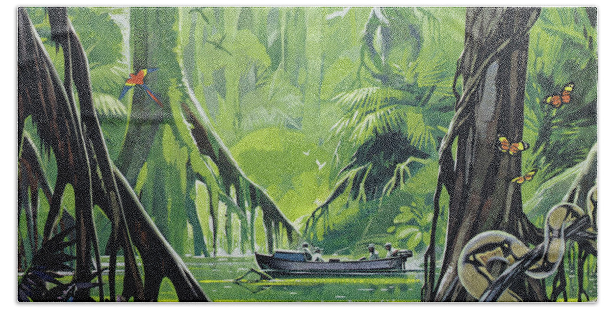 Python Bath Towel featuring the painting Exploring the river Amazon by Angus McBride
