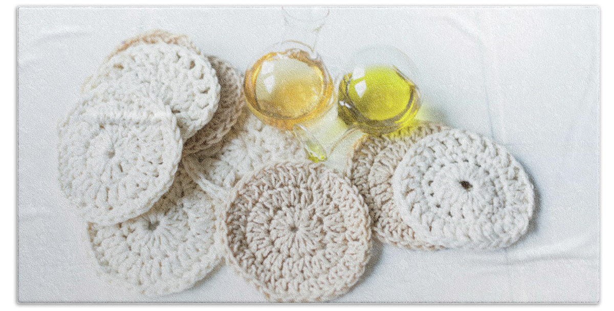 Ip_12474375 Hand Towel featuring the photograph Facial Cleansing Pads Hand-crocheted From White Cotton Yarn by Sabine Lscher
