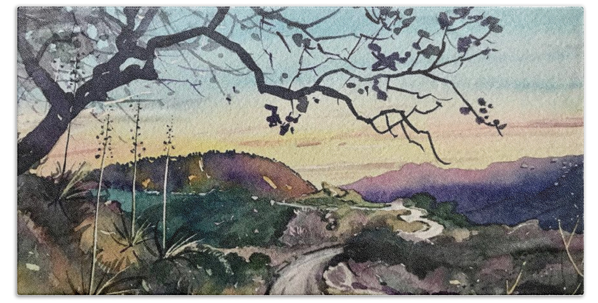 Santa Monica Hand Towel featuring the painting Fading Light on the Trail - Topanga by Luisa Millicent
