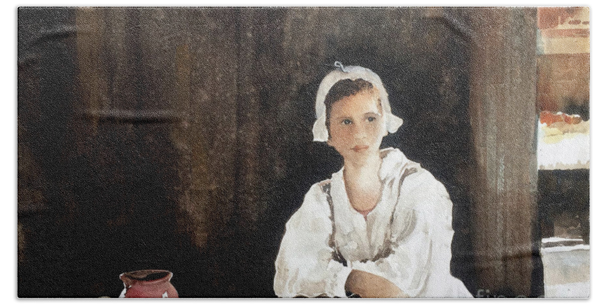 A Young Girl Dressed In A Period Costume Sits At A Table At The Jamestown Settlement. Hand Towel featuring the painting Fair Maiden by Monte Toon
