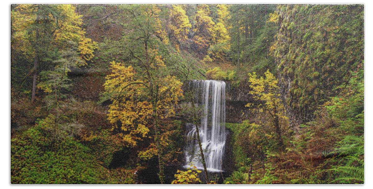 Silver Falls Hand Towel featuring the photograph Fall colors at the falls by Ulrich Burkhalter