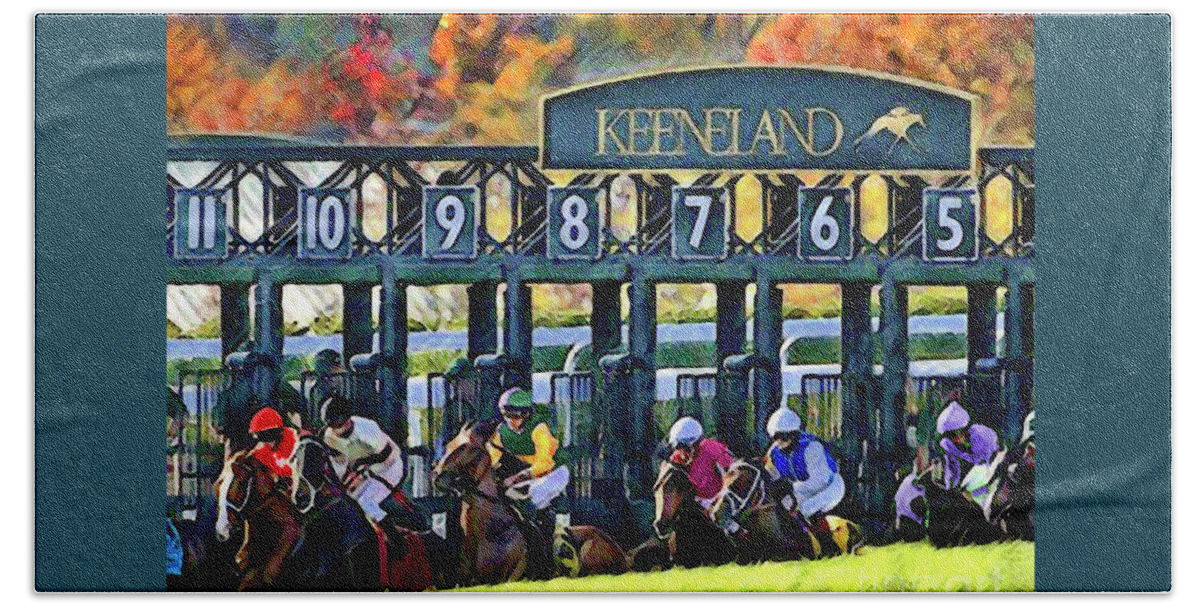 Keeneland Hand Towel featuring the digital art Fall Racing at Keeneland by CAC Graphics