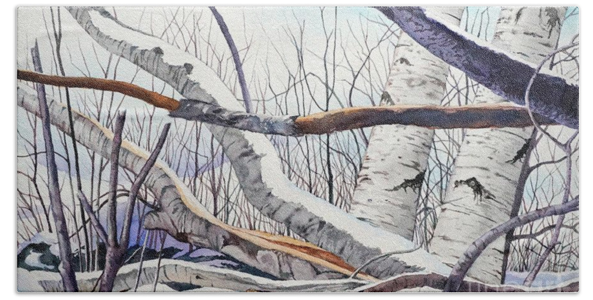 Birch Trees Hand Towel featuring the painting Fallen Birch trees after the snowstorm in watercolor by Christopher Shellhammer