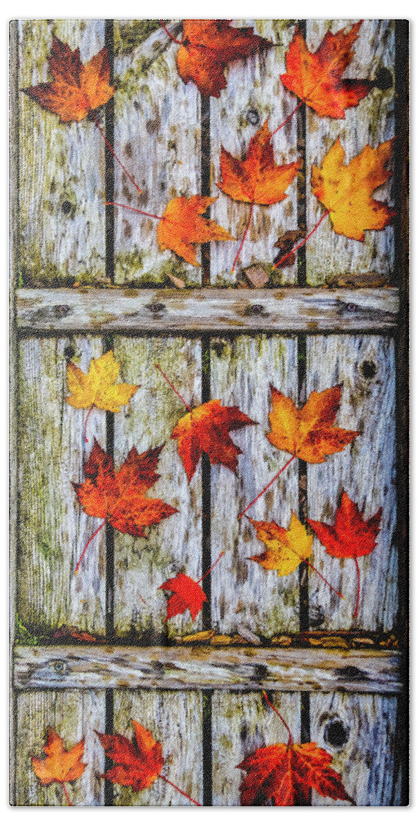 Brown Hand Towel featuring the photograph Fallen leaves On Wooden Walkway by Garry Gay