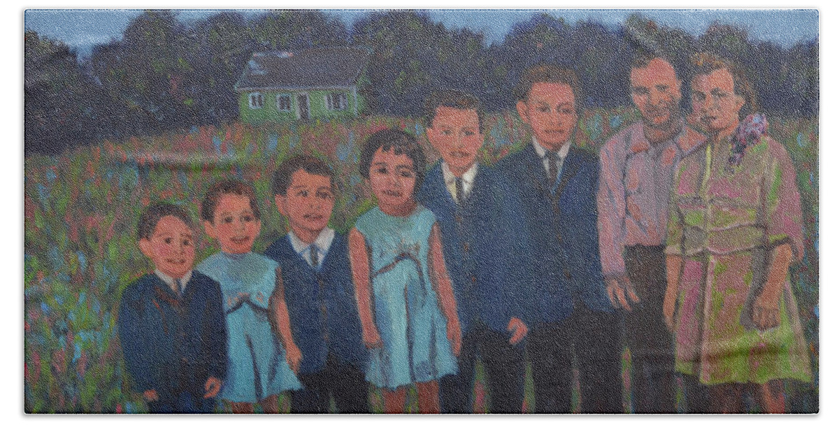 Portrait Bath Towel featuring the painting Family Portrait Scene by Beth Riso
