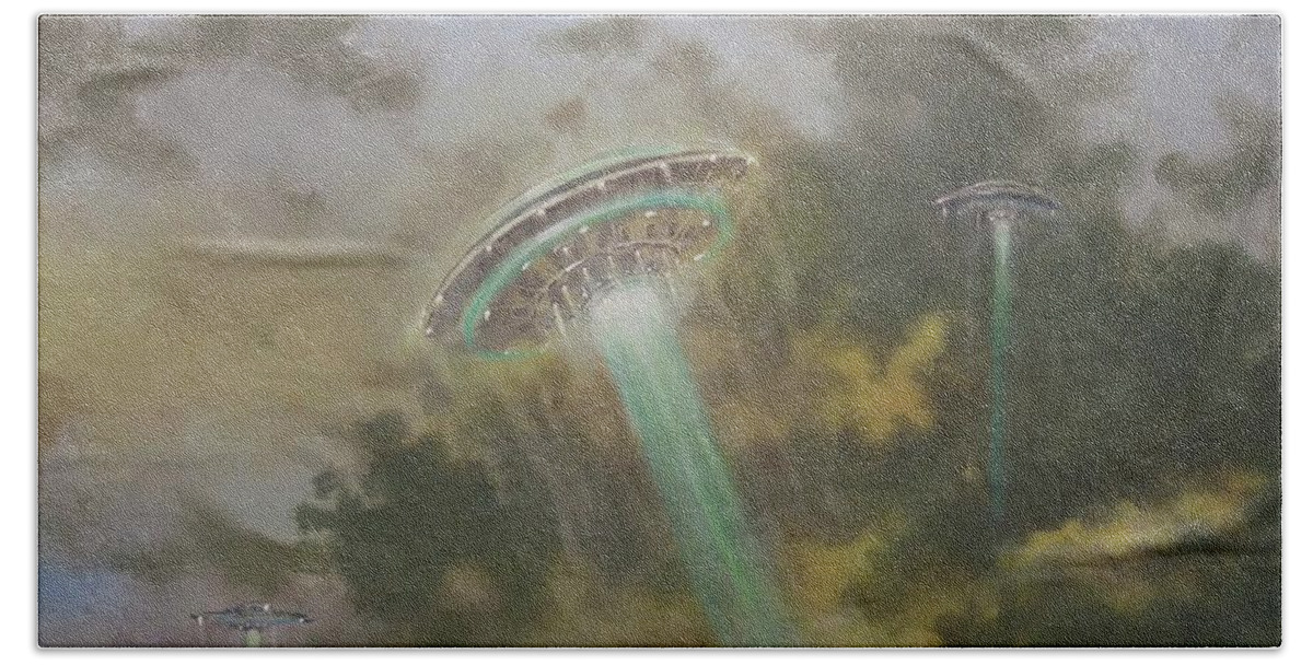  Ufo Bath Towel featuring the painting Farewell to the Visitors by Tom Shropshire