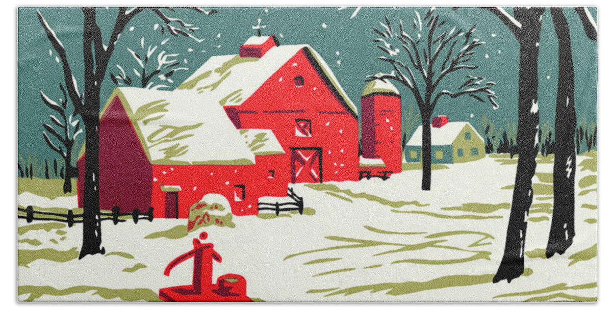 Agriculture Hand Towel featuring the drawing Farm Covered in Snow by CSA Images