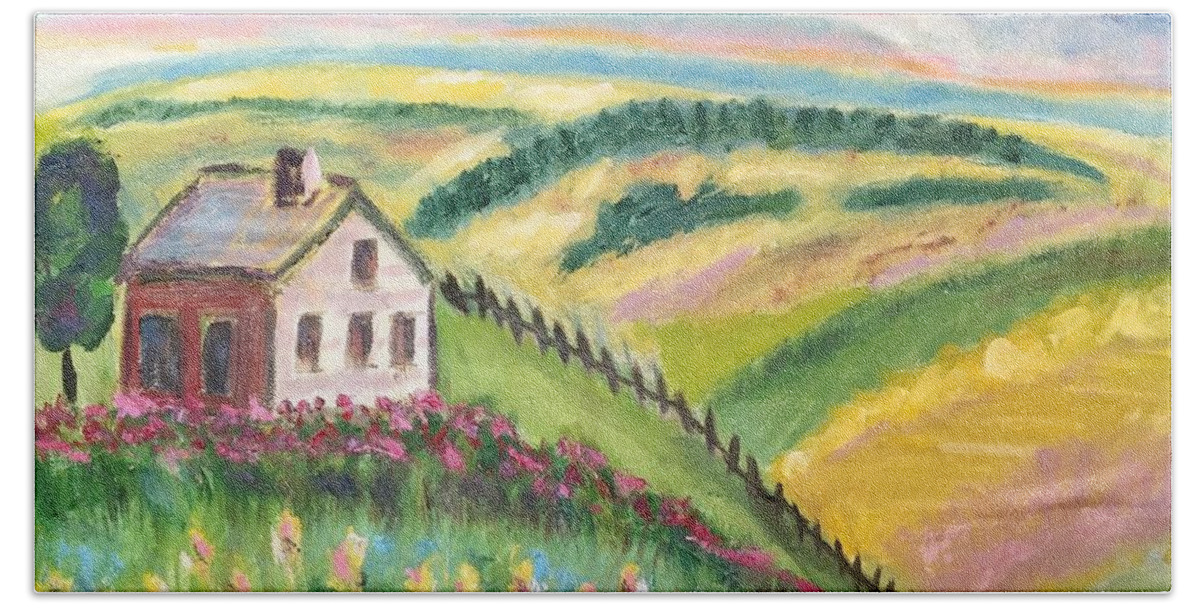 Country Hand Towel featuring the painting Farmhouse on a Hill by Diane Pape