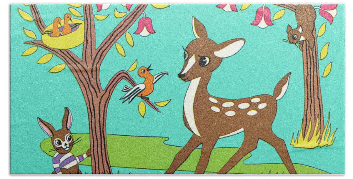 Animal Bath Towel featuring the drawing Fawn and Animals in the Woods by CSA Images