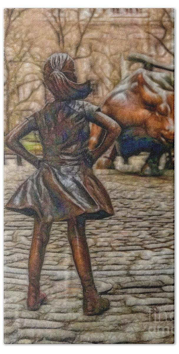 Computer Bath Towel featuring the photograph Vintage Fearless Girl and Wall Street Bull Statue #3 by Doc Braham