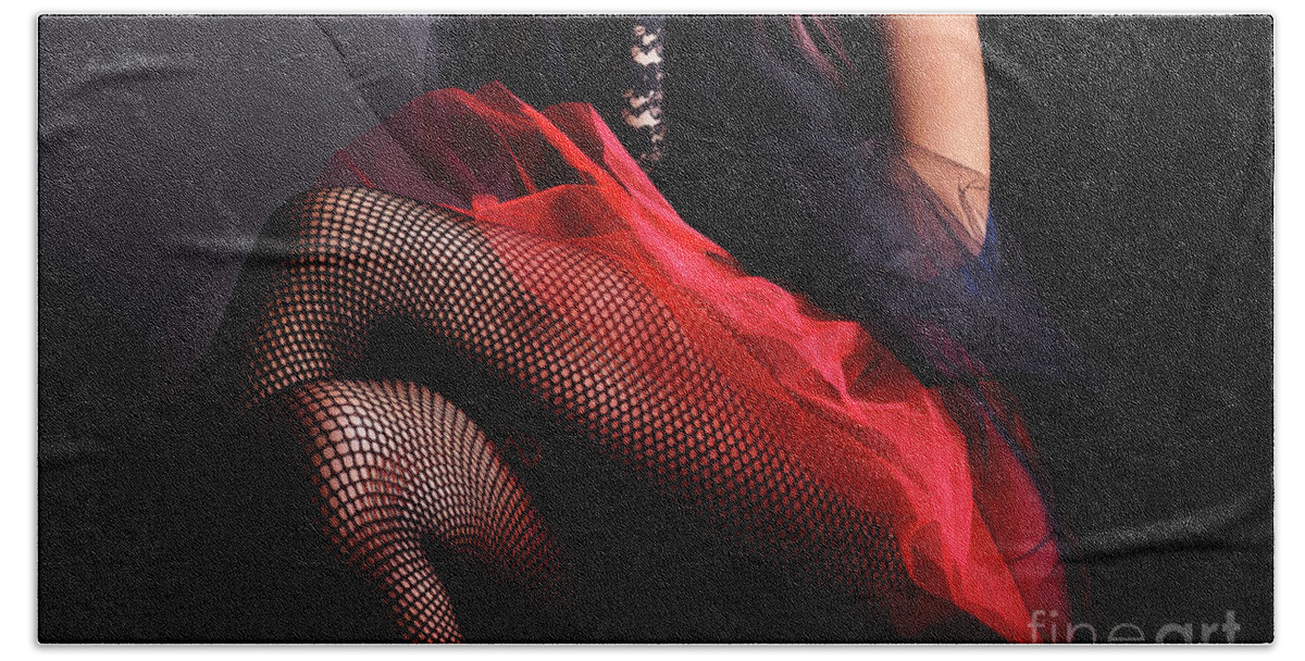 Woman Bath Towel featuring the photograph Female Legs in fishnet stockings by Jelena Jovanovic