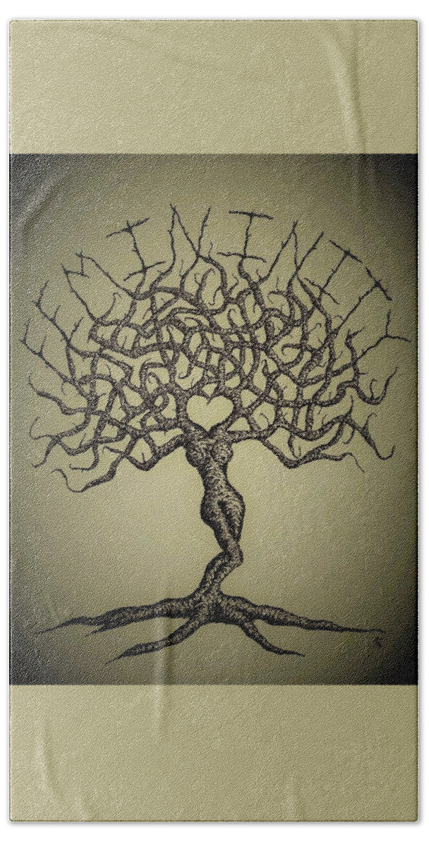 Women Bath Towel featuring the drawing Femininity Love Tree b/w by Aaron Bombalicki