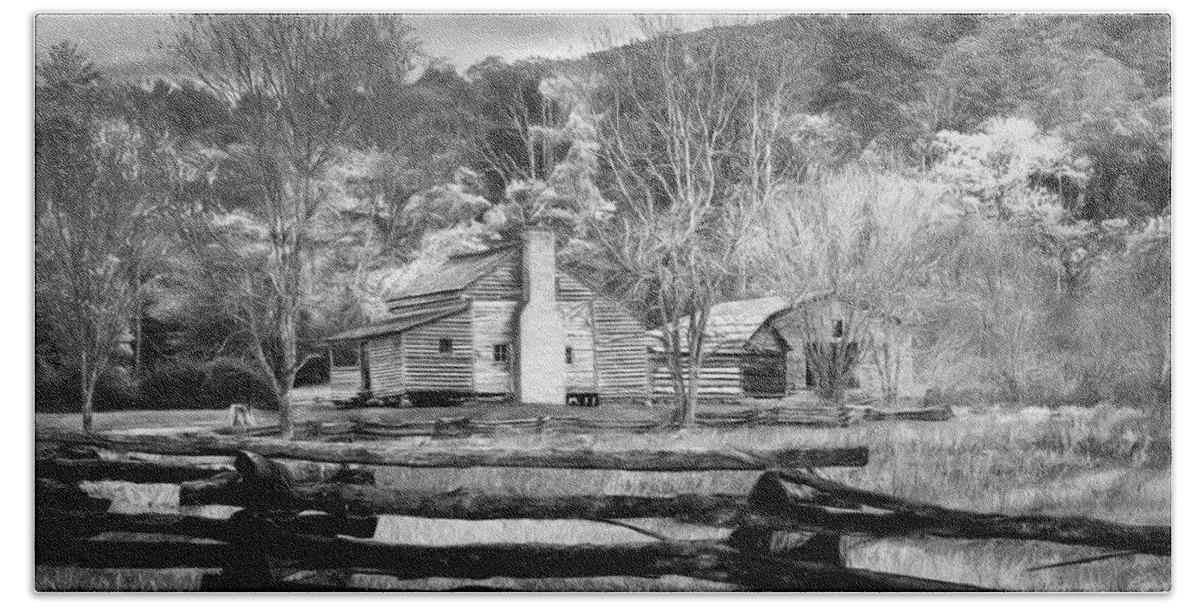 Barn Bath Towel featuring the photograph Fences and Cabins Cades Cove in Black and White by Debra and Dave Vanderlaan