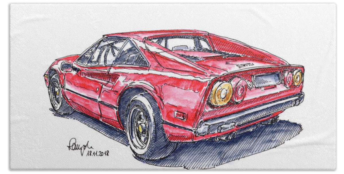 Ferrari Hand Towel featuring the drawing Ferrari 308 GTB Sports Car Ink Drawing and Watercolor by Frank Ramspott