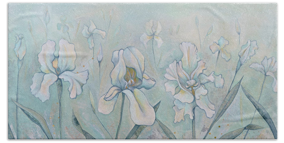 Iris Hand Towel featuring the painting Field of Whispers by Shadia Derbyshire